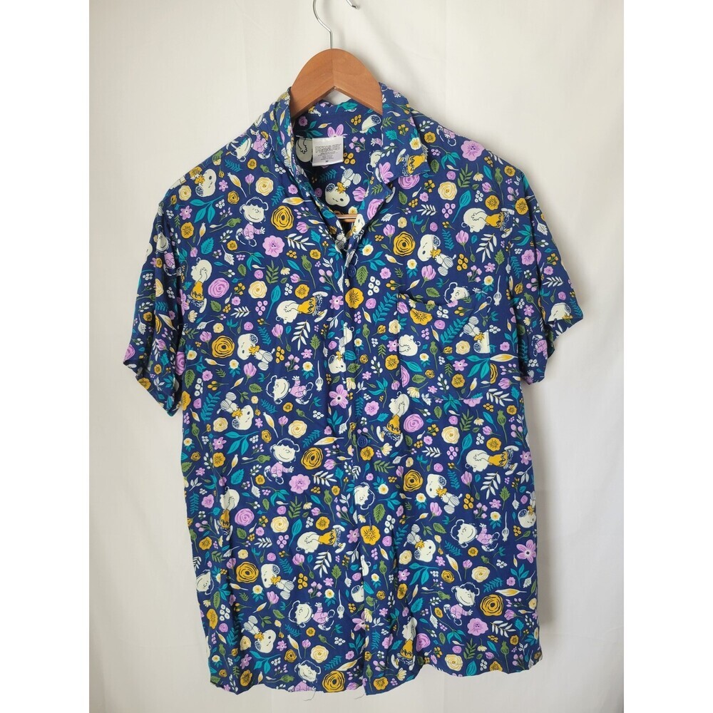 Peanuts Snoopy Woodstock Floral Rayon Hawaiian Shirt Men's Size M Casual Button